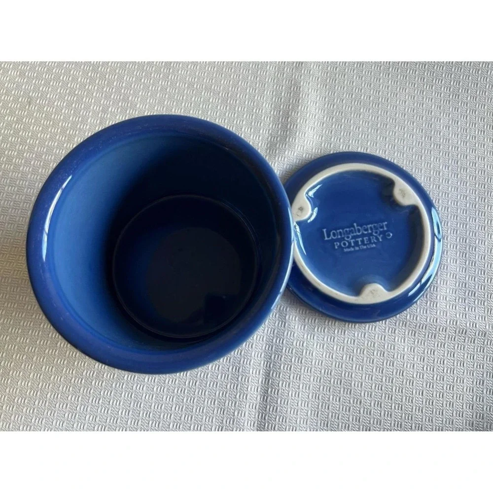 Longaberger Pottery Woven Traditions 1 Pint Salt Crock w/ Lid Cornflower Blue